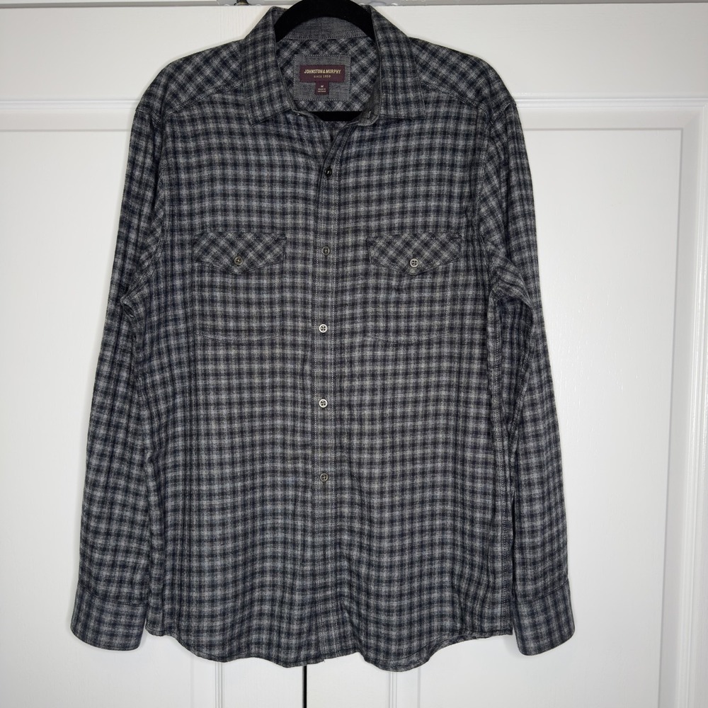 Johnston‎ & Murphy Shirt Mens Medium Gray Flannel Check Long Sleeve Button Up